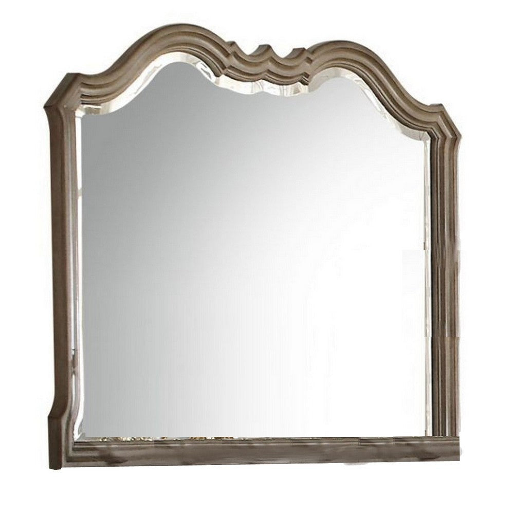Wooden Molded Frame Mirror with Scalloped Design Top, Taupe Brown