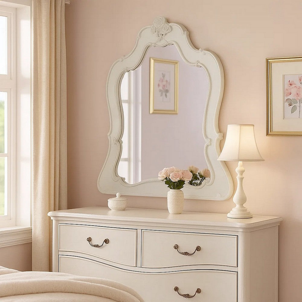 Wooden Frame Mirror with Scalloped Trim Crown Top, White
