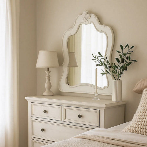 Wooden Frame Mirror with Scalloped Trim Crown Top, White