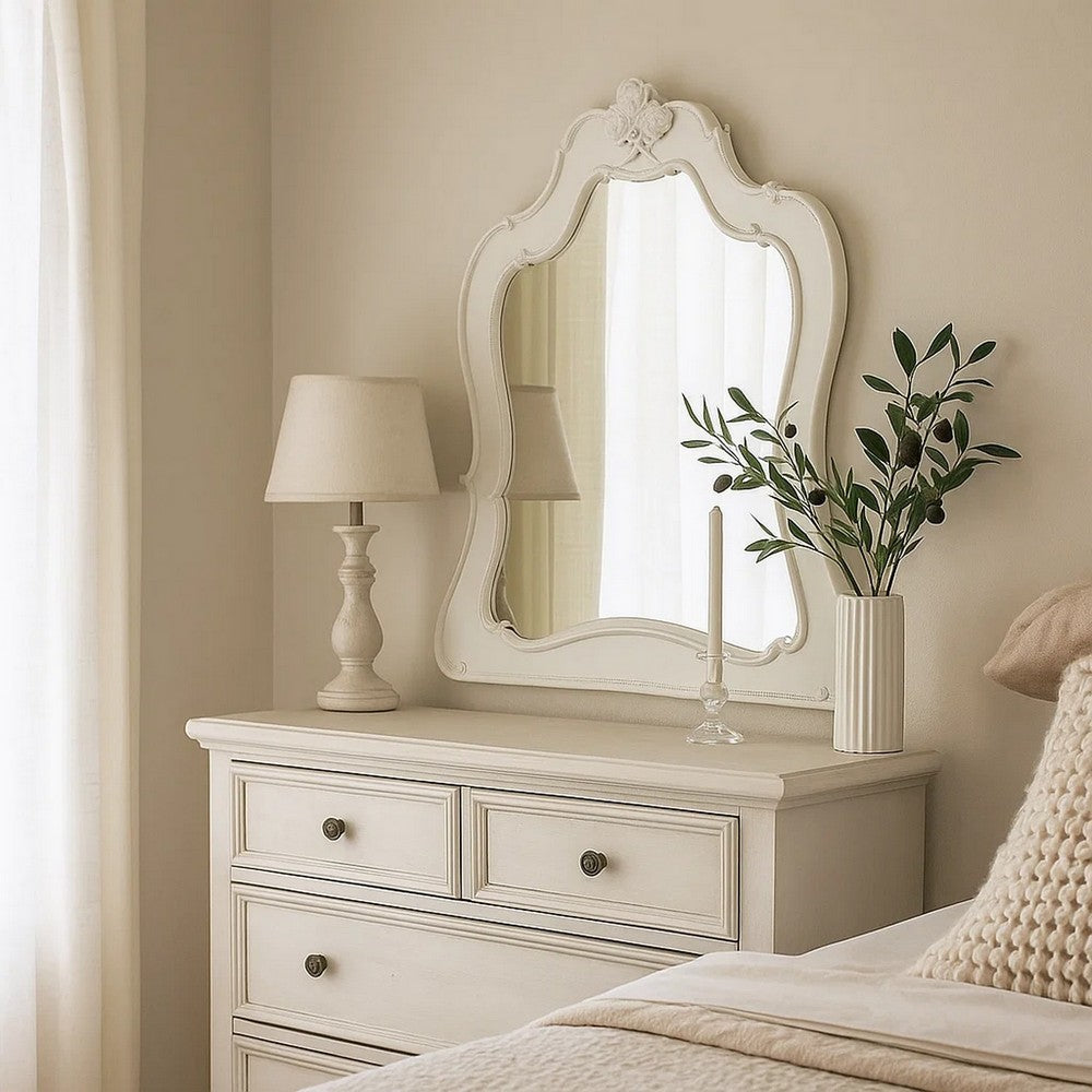 Wooden Frame Mirror with Scalloped Trim Crown Top, White