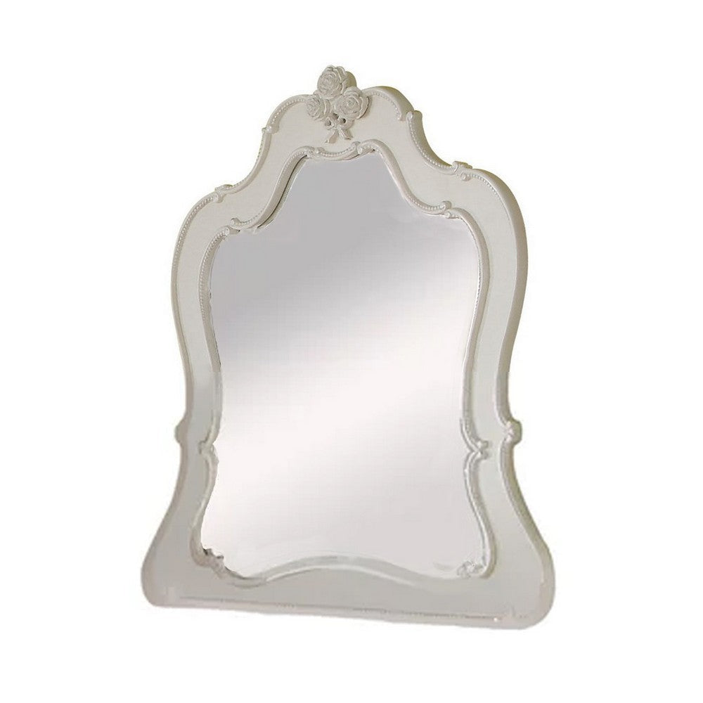 Wooden Frame Mirror with Scalloped Trim Crown Top, White