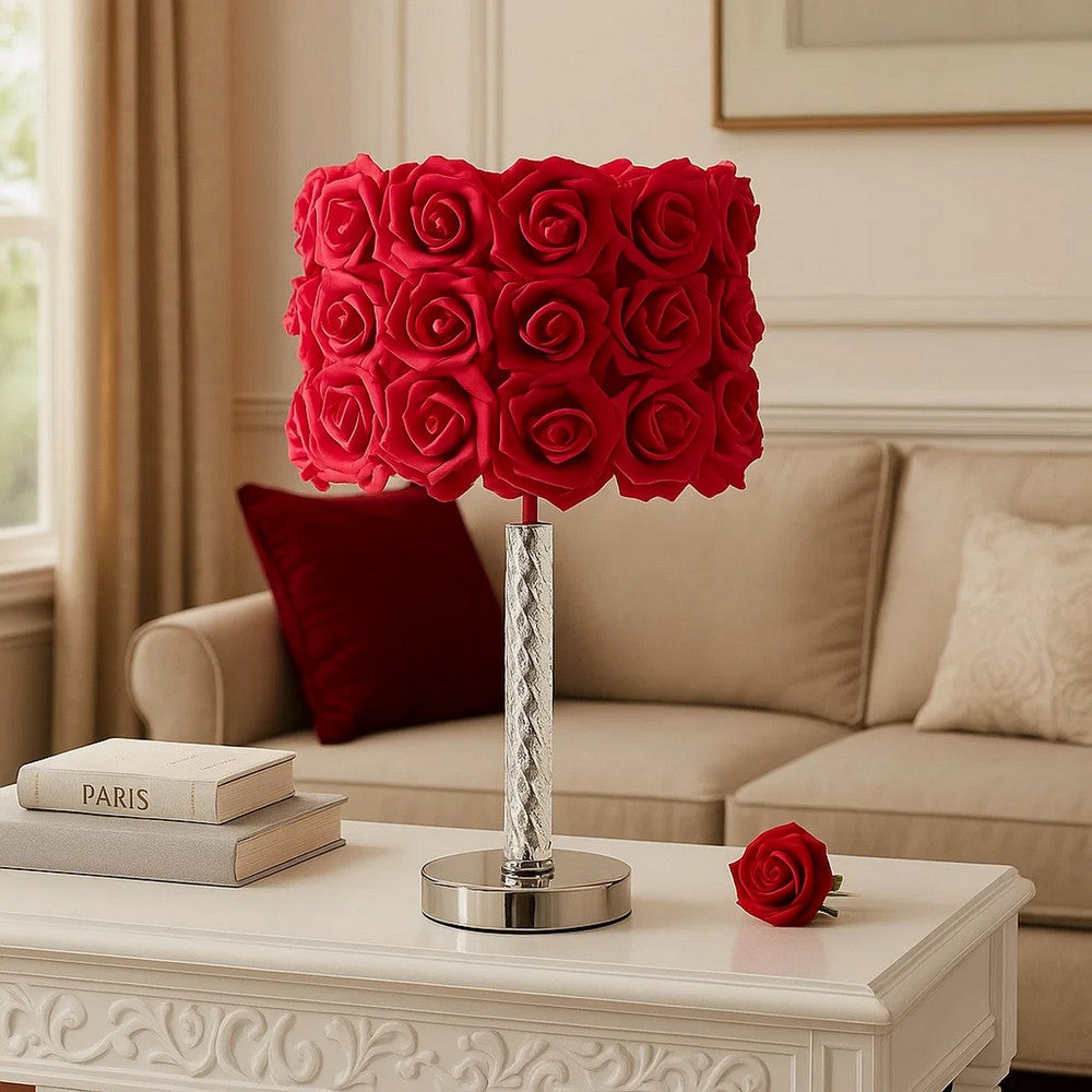 Bloom Roses Table Lamp | Drum Shade | Twisted Acrylic Base | Red