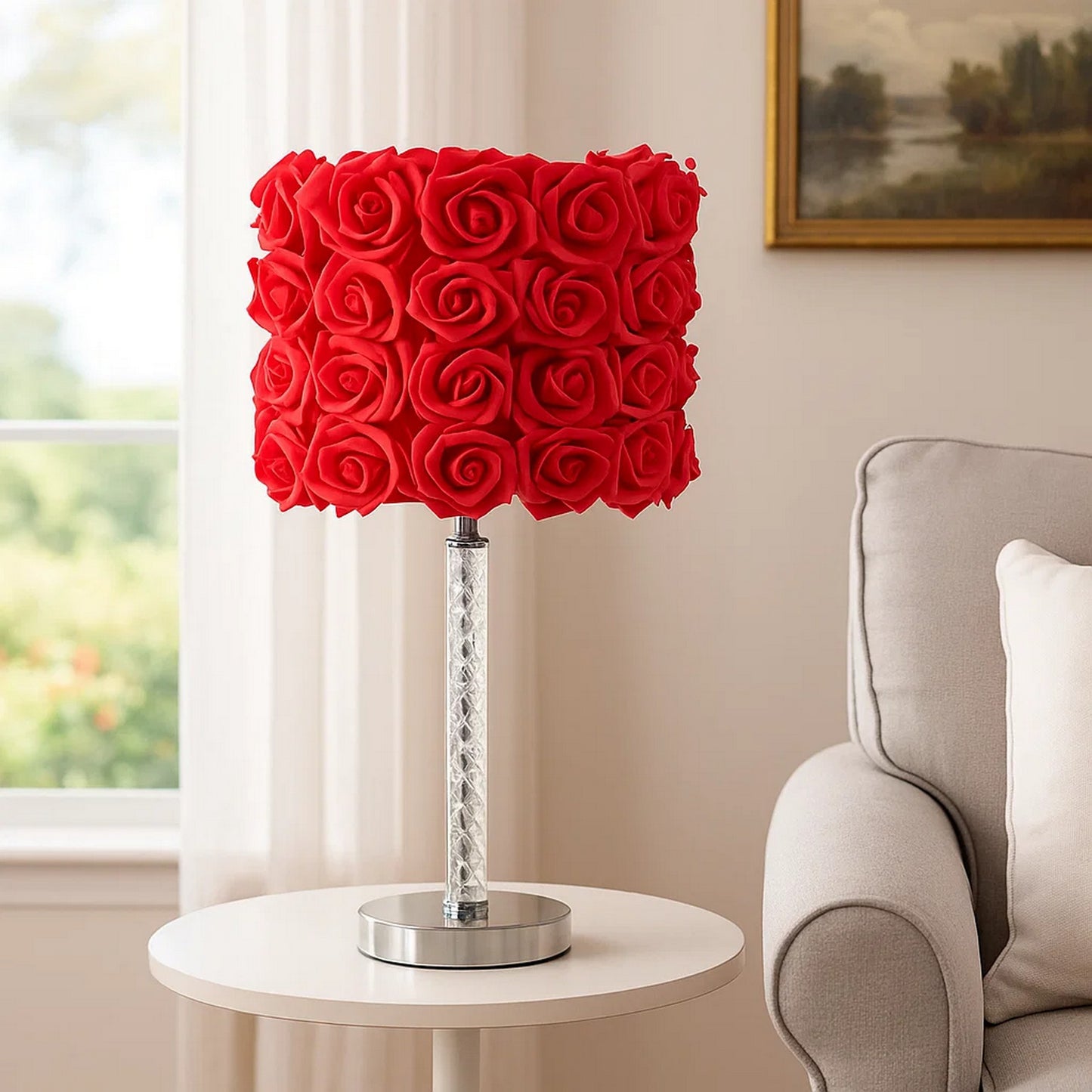 Bloom Roses Table Lamp | Drum Shade | Twisted Acrylic Base | Red