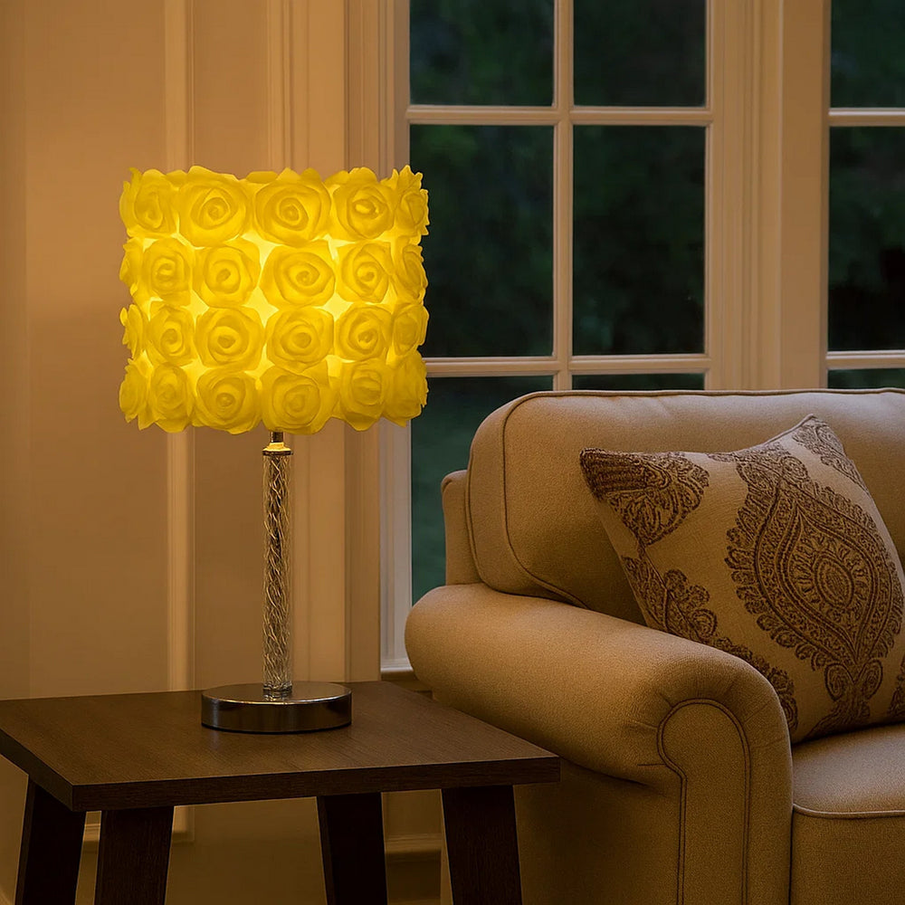 Bloom Roses Table Lamp | Drum Shade | Twisted Acrylic Base | Yellow