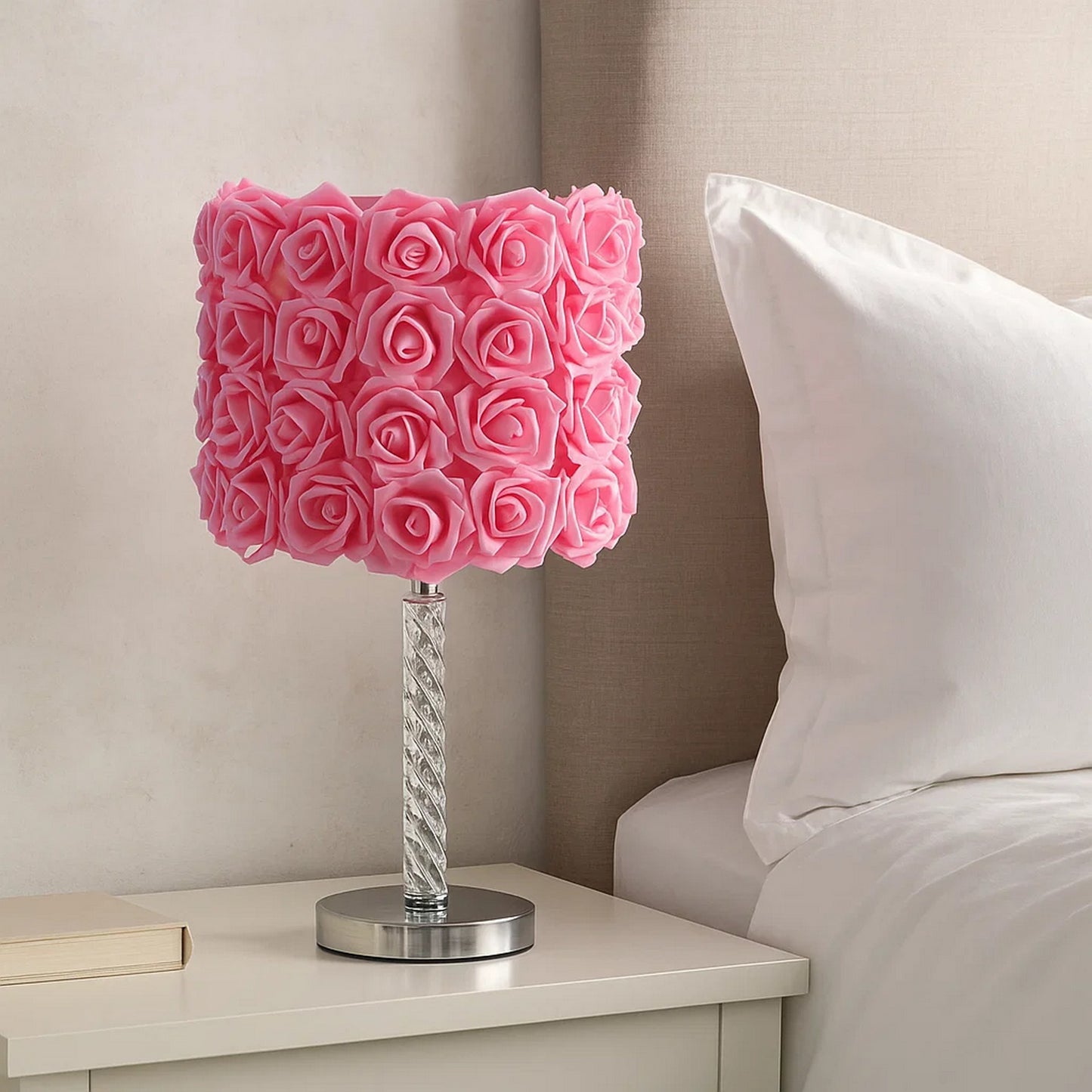 Bloom Roses Table Lamp | Drum Shade | Twisted Acrylic Base | Pink