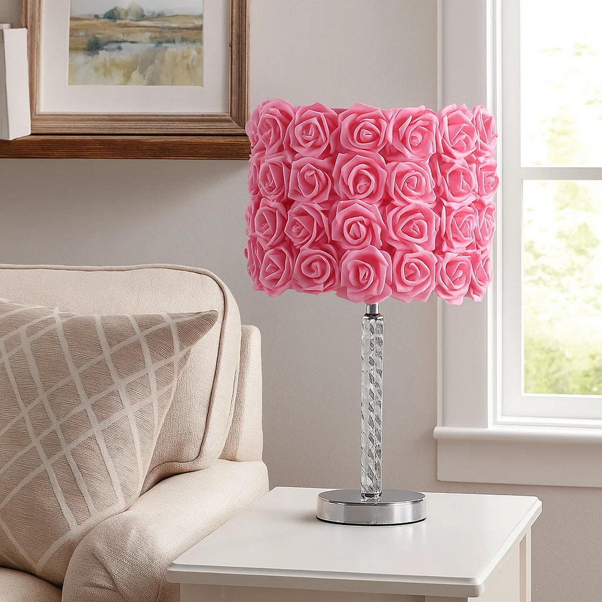 Bloom Roses Table Lamp | Drum Shade | Twisted Acrylic Base | Pink