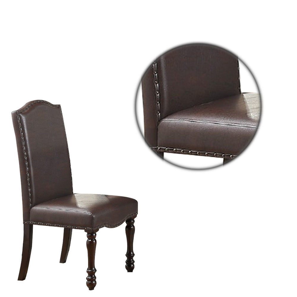 Nailhead Trim Faux Leather Dining Chair with Turned Legs Set of 2 Brown By Casagear Home BM231843