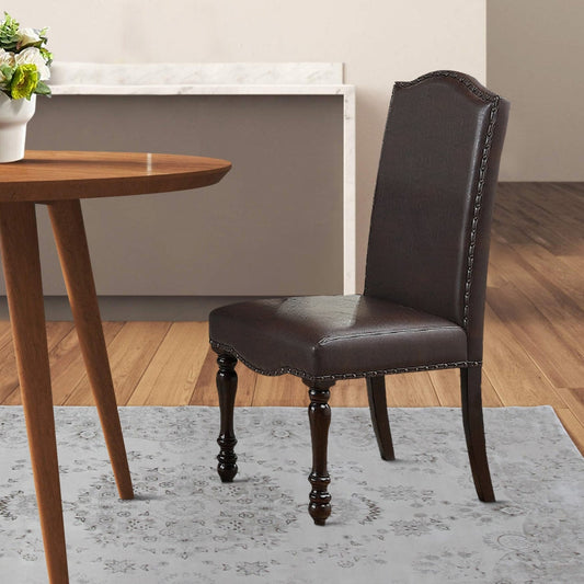 Nailhead Trim Faux Leather Dining Chair with Turned Legs, Set of 2, Brown By Casagear Home