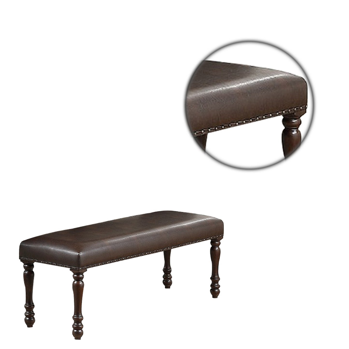 Nailhead Trim Faux Leather Dining Bench with Turned Legs, Brown By Casagear Home