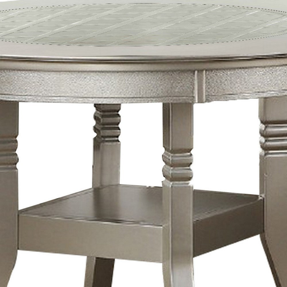 Round Wooden Dining Table with Glass Inserted Top Champagne Silver By Casagear Home BM231851