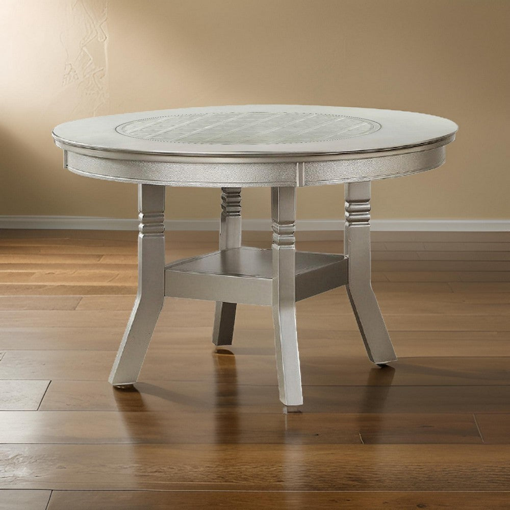 Round Wooden Dining Table with Glass Inserted Top Champagne Silver By Casagear Home BM231851