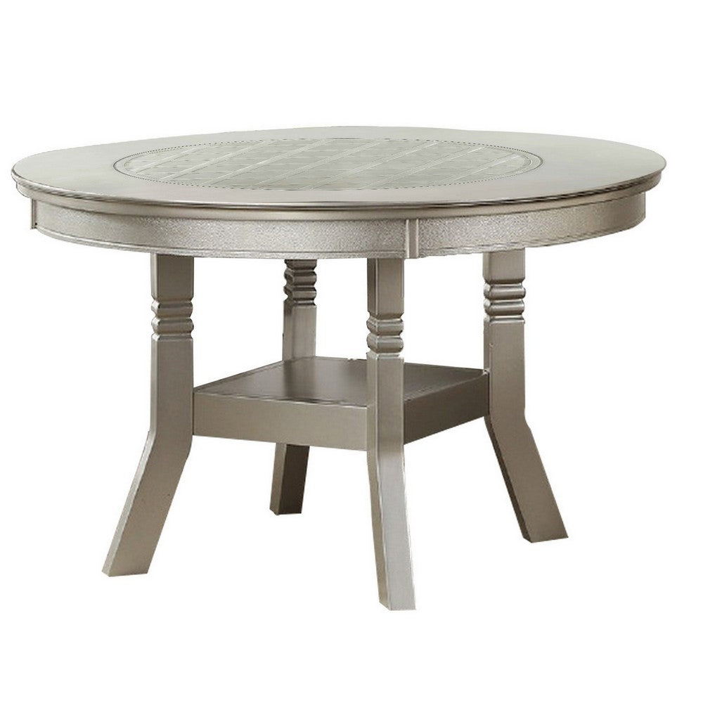 Lyra Dining Table | Round Wood Top | Glass Insert | Champagne Silver