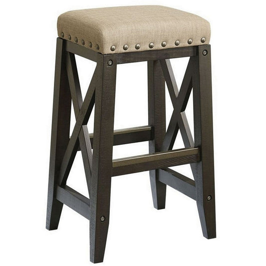 31 Inches Nailhead Trim Upholstered Barstool, Beige and Brown