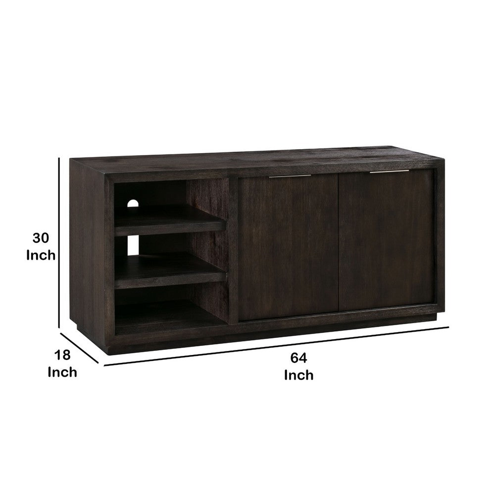 64 Inches Grained 2 Door Media Console with Adjustable Shelf, Brown