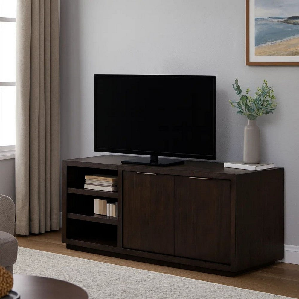 64 Inches Grained 2 Door Media Console with Adjustable Shelf, Brown