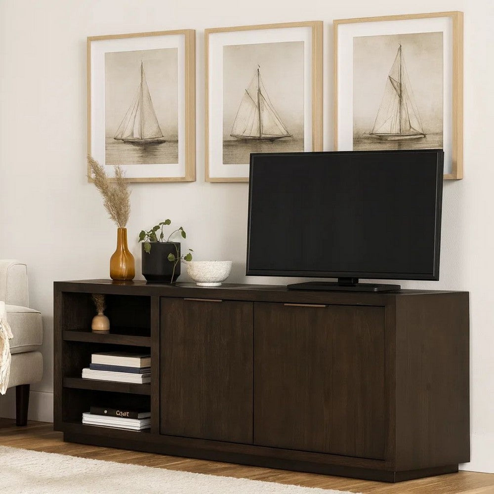 64 Inches Grained 2 Door Media Console with Adjustable Shelf, Brown