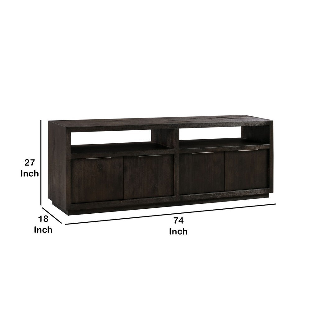 74 Inches Grained 2 Door Media Console with Adjustable Shelf, Brown
