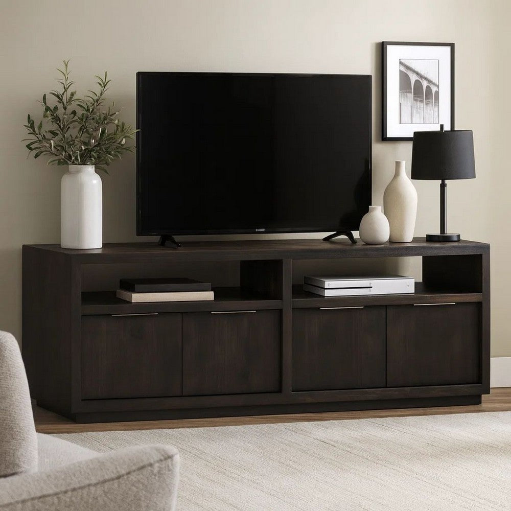74 Inches Grained 2 Door Media Console with Adjustable Shelf, Brown