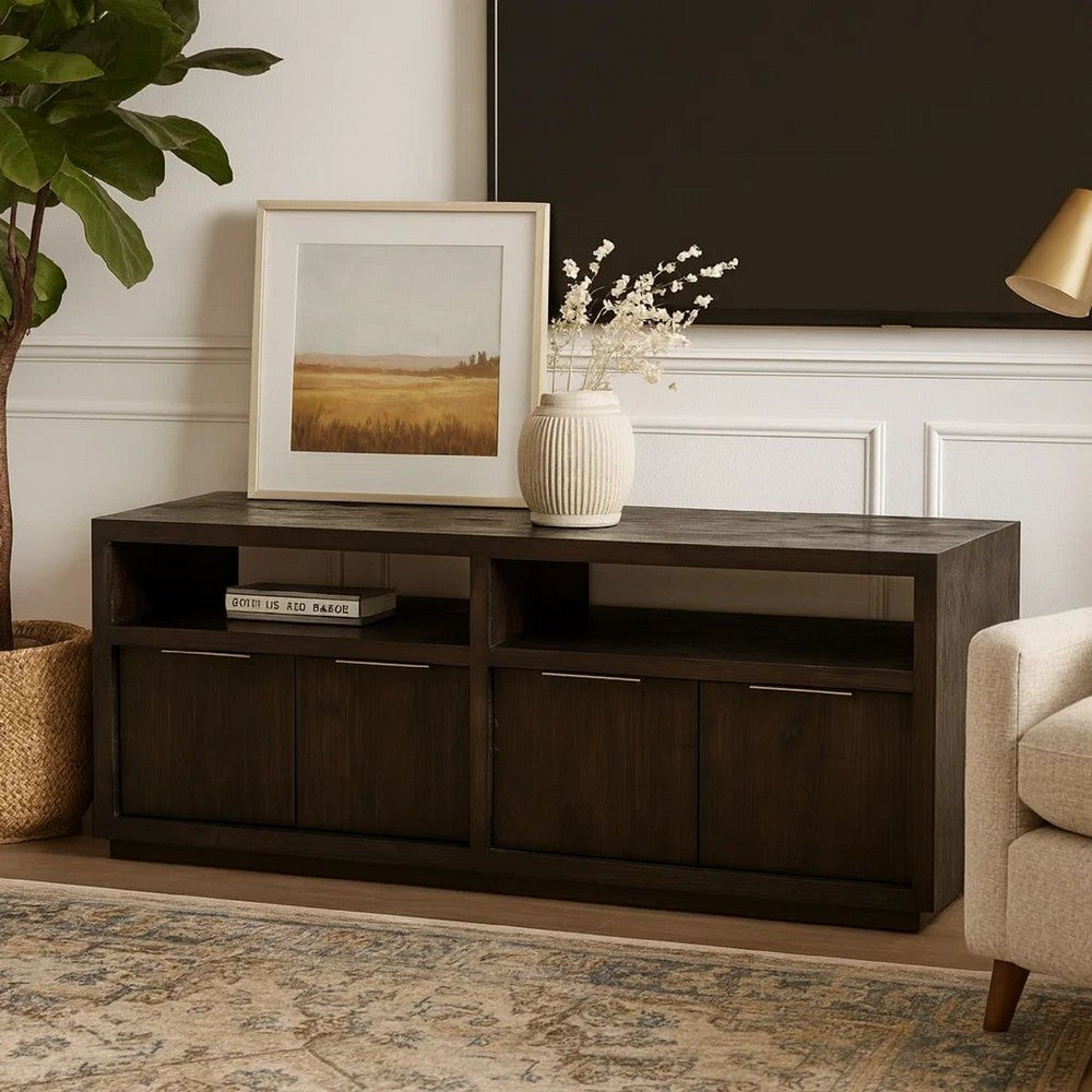 74 Inches Grained 2 Door Media Console with Adjustable Shelf, Brown