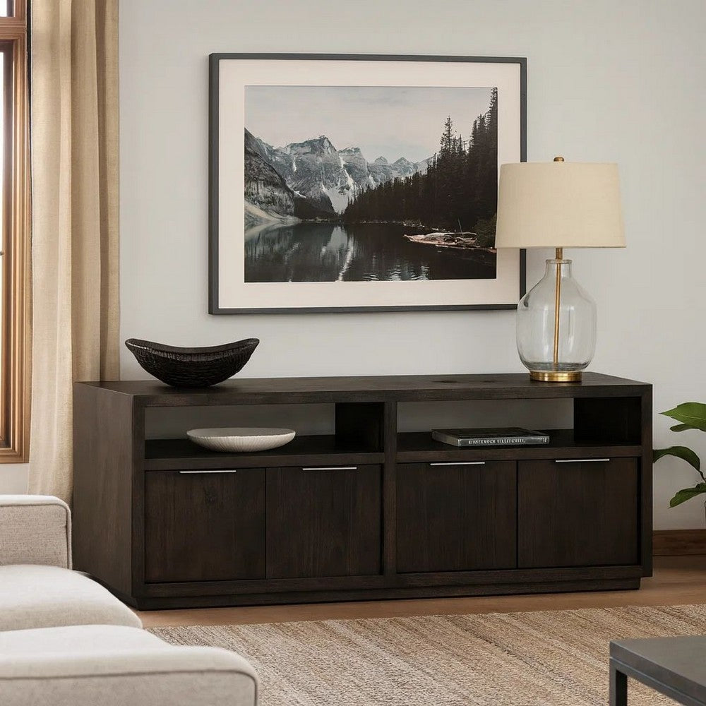 74 Inches Grained 2 Door Media Console with Adjustable Shelf, Brown