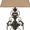 Bell Shape Fabric Shade Table Lamp with Floral Metal Base, Beige and Bronze By Casagear Home