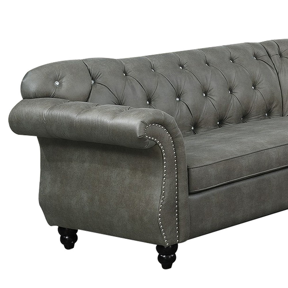 Leatherette 4 Piece Sectional with Crystal Tufted Back and Rolled Arm Gray BM231975