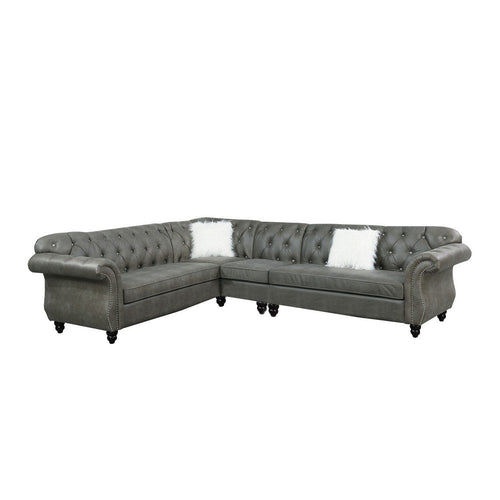 Leatherette 4 Piece Sectional with Crystal Tufted Back and Rolled Arm, Gray