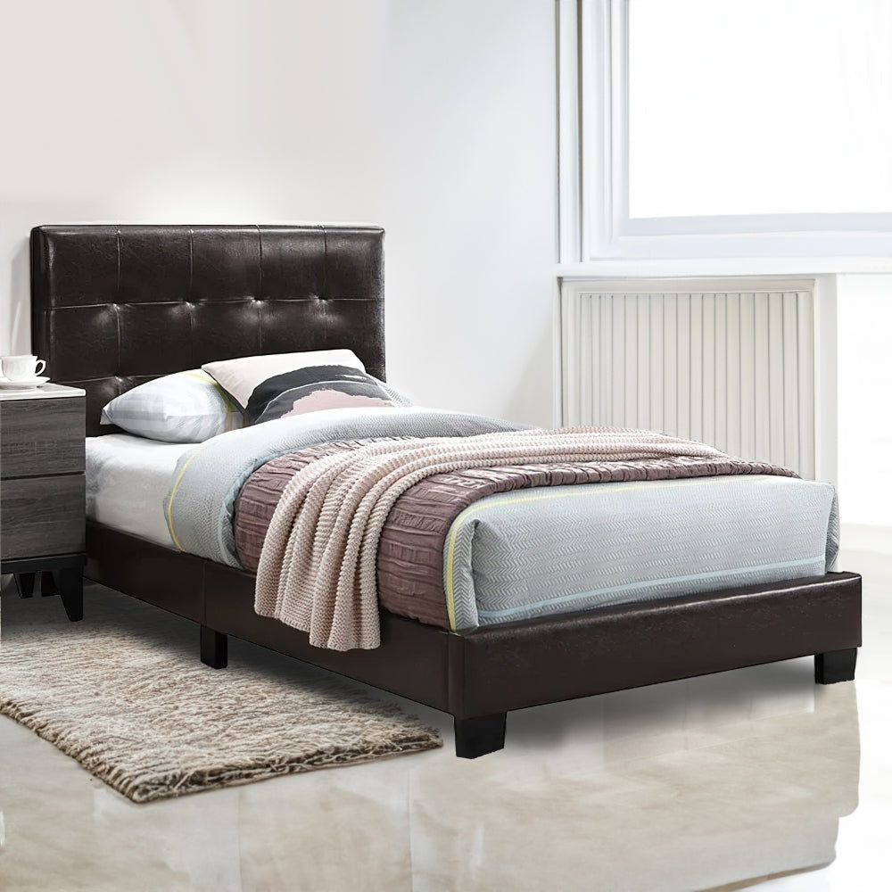 Twin Leatherette Bed with Checkered Tufted Headboard, Dark Brown By Casagear Home