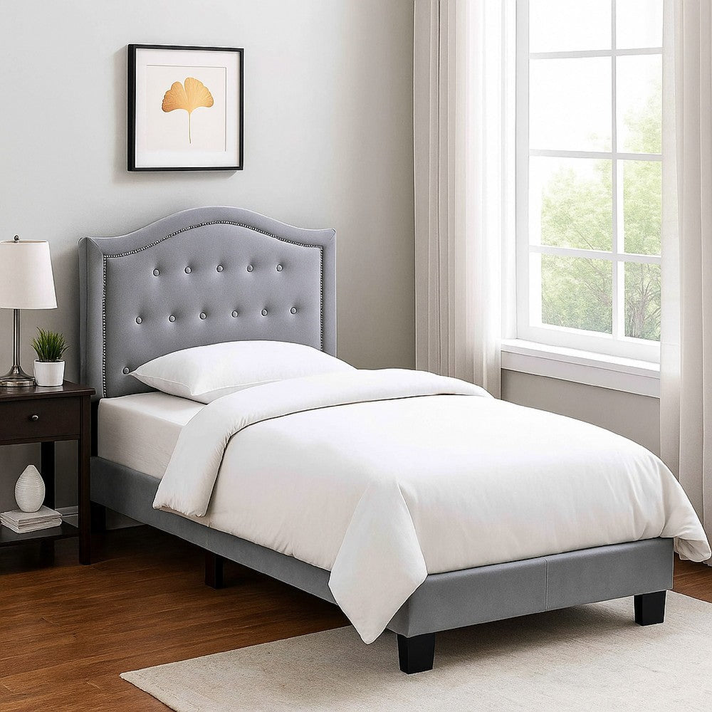 Carly Twin Bed | Velvet | Button Tufted | Curved Headboard | Gray