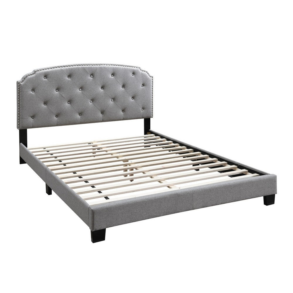 Queen Bed with Button Tufted Scalloped Headboard, Light Gray