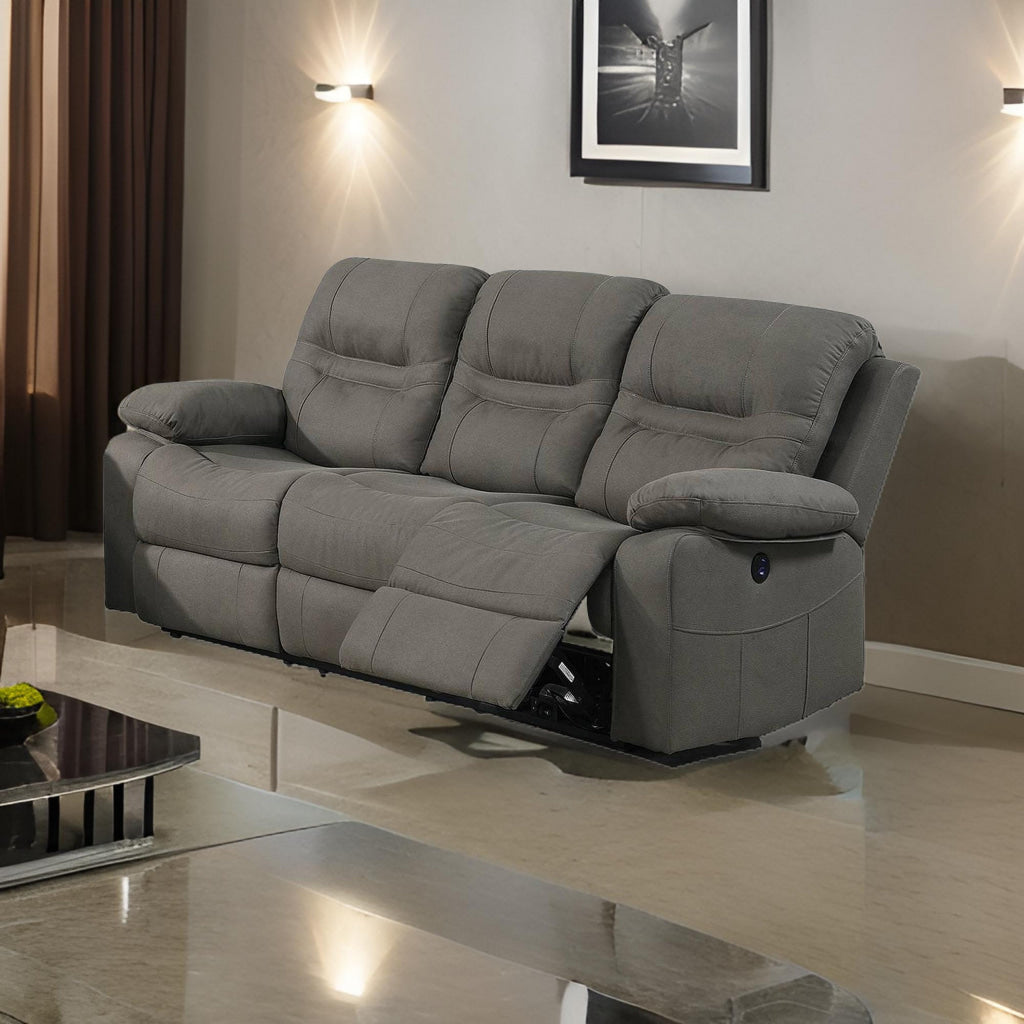 41 Inch leatherette Reclining Sofa with USB Port, Gray By Casagear Home