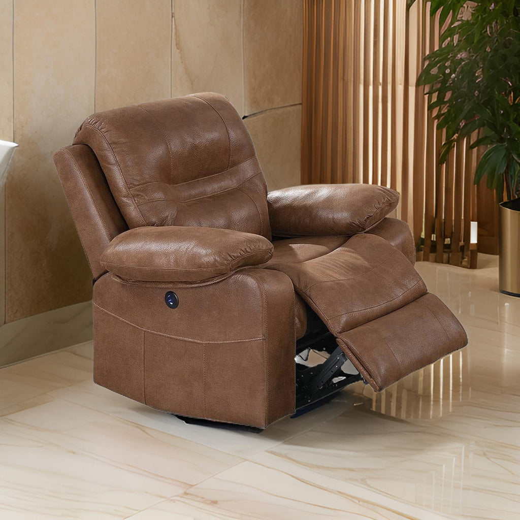 41 Inch leatherette Reclining Chair with USB Port, Brown By Casagear Home