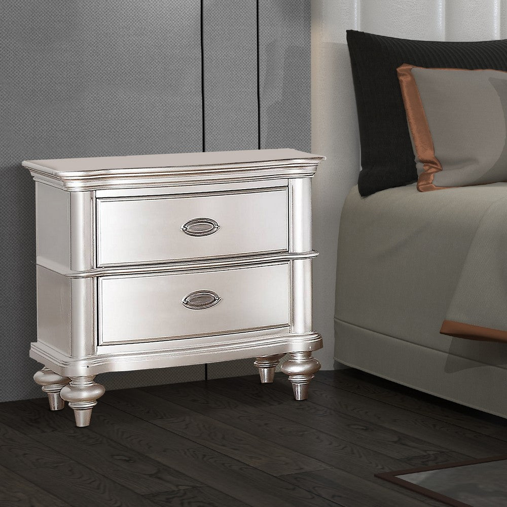 Logan Nightstand | 28" | 2 Drawer | Turned Legs | Silver