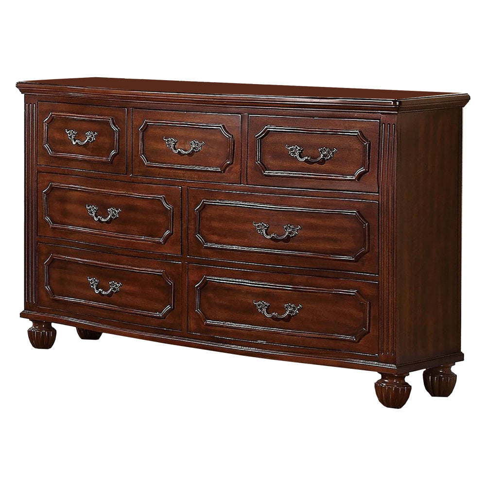 58 Inches 7 Drawer Engraved Wooden Dresser, Brown By Casagear Home