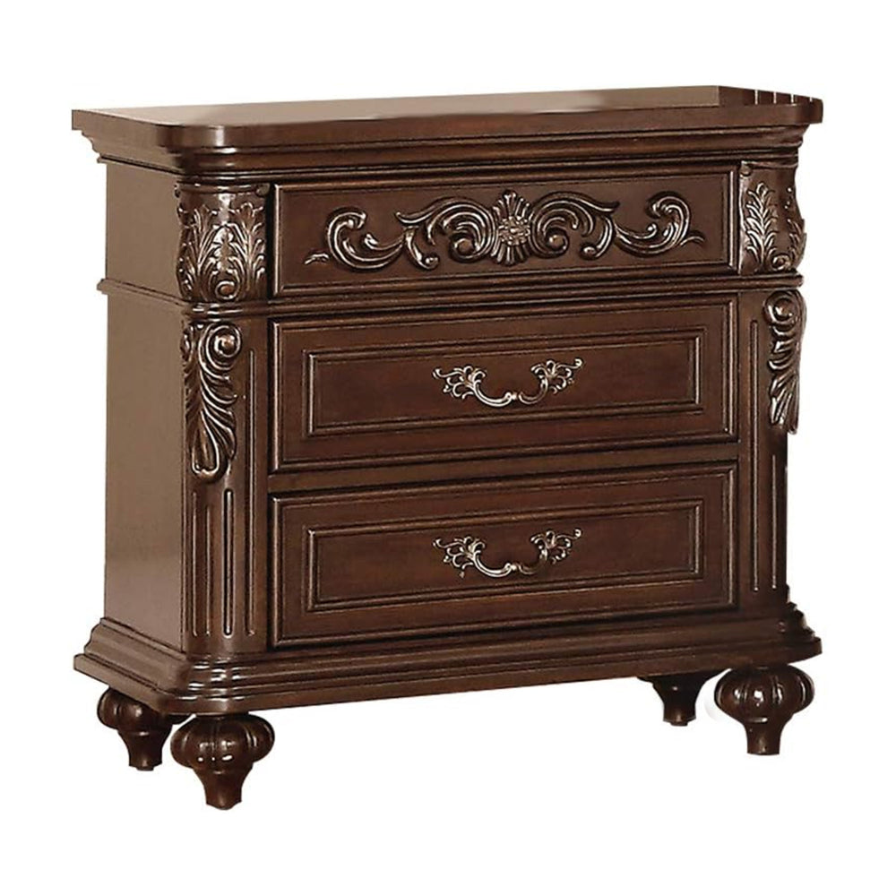 30 Inches 3 Drawer Engraved Wooden Nightstand, Brown By Casagear Home