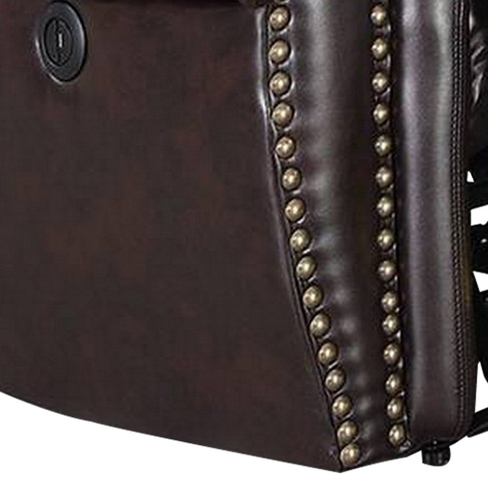 Nailhead Trim Leatherette Power Recliner Brown