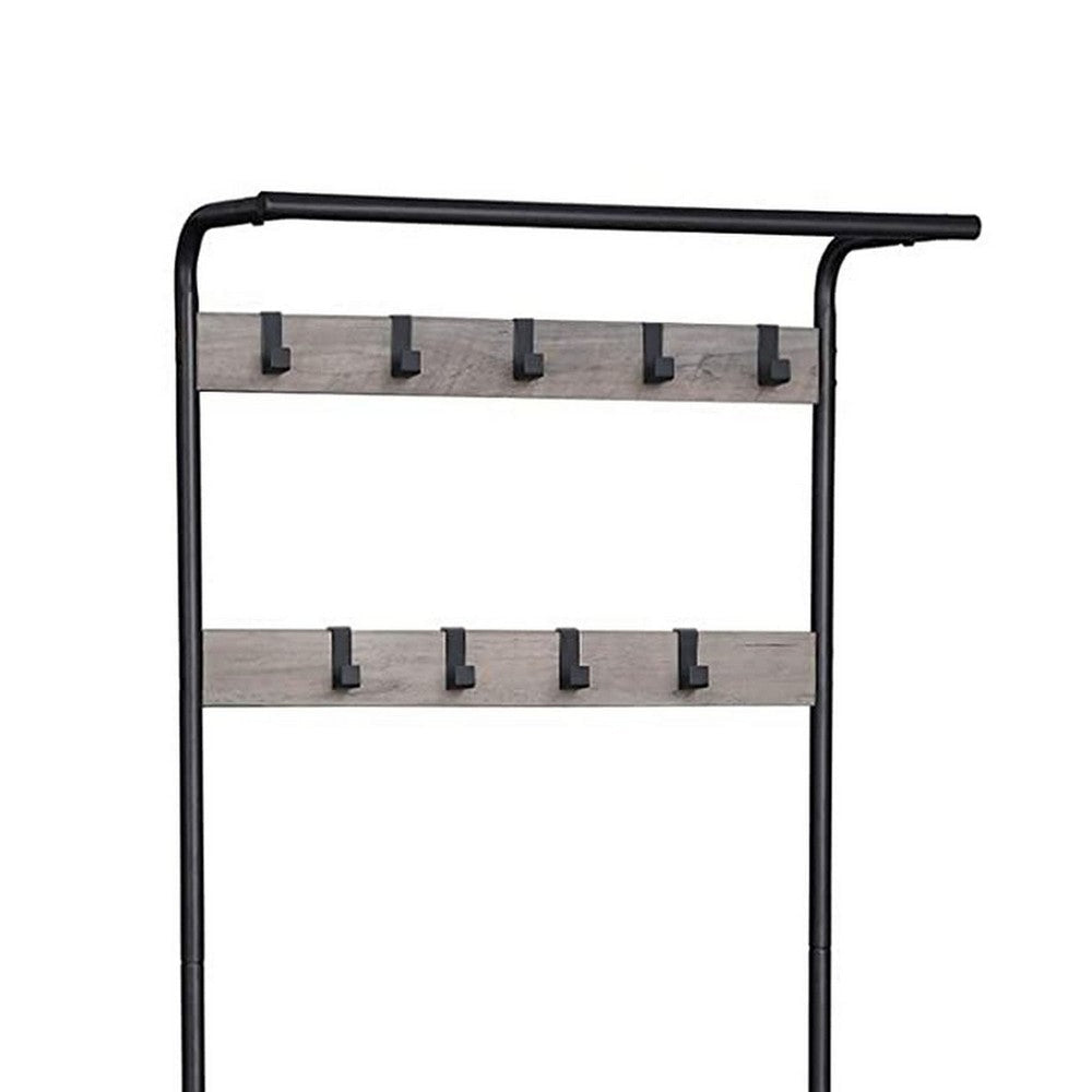 72 Inch Metal Frame Hall Tree with 9 Hooks Brown and Black By Casagear Home BM232209