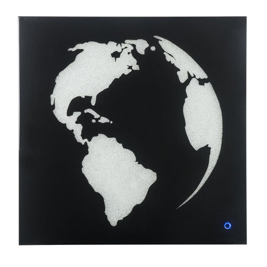 Rectangular World Wall Art with LED, Black and Silver