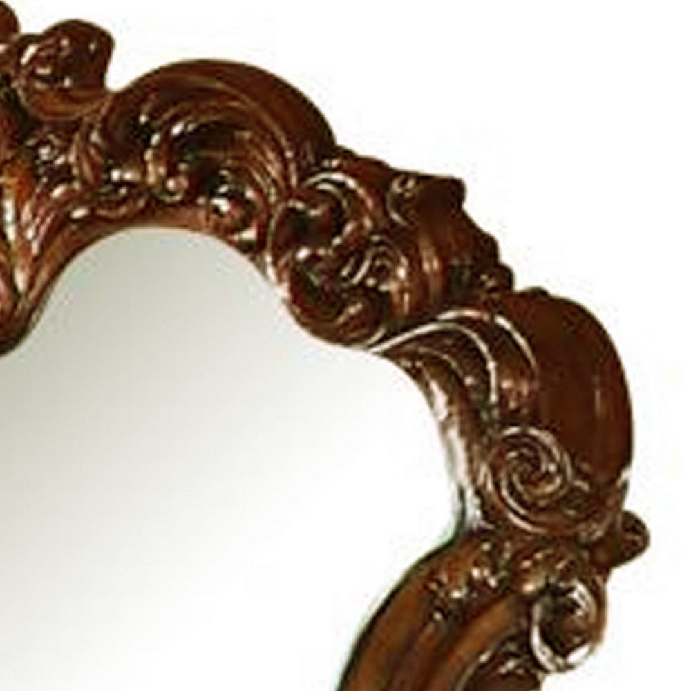 45 Inch Wooden Mirror with Scrolled Details, Brown