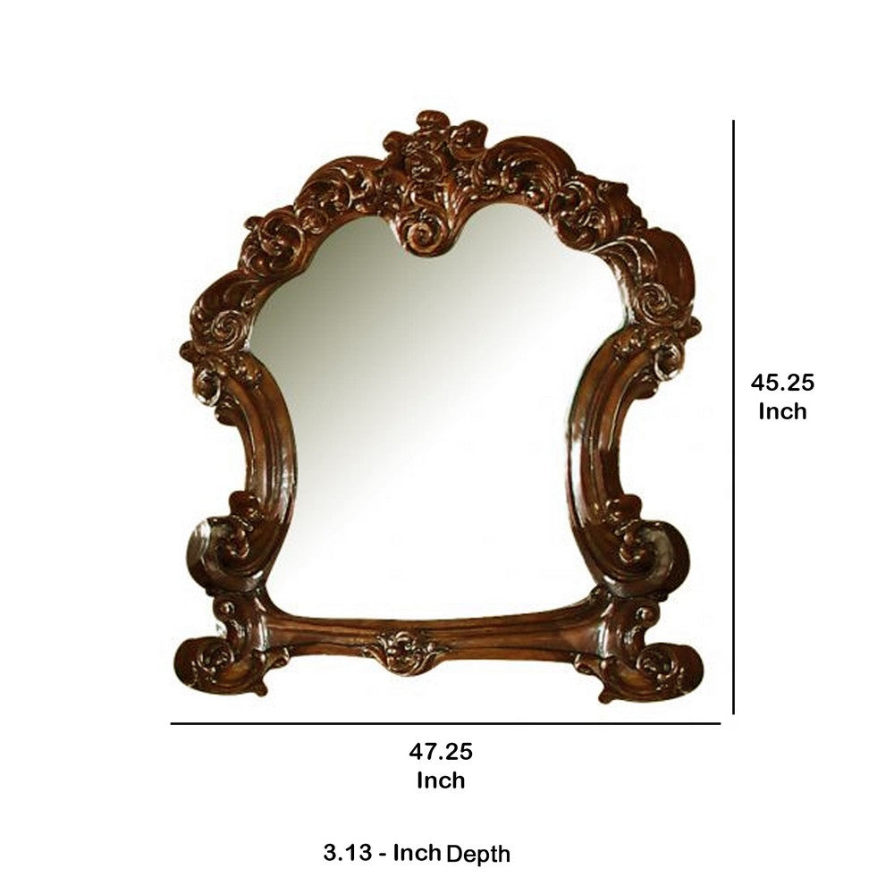 45 Inch Wooden Mirror with Scrolled Details, Brown
