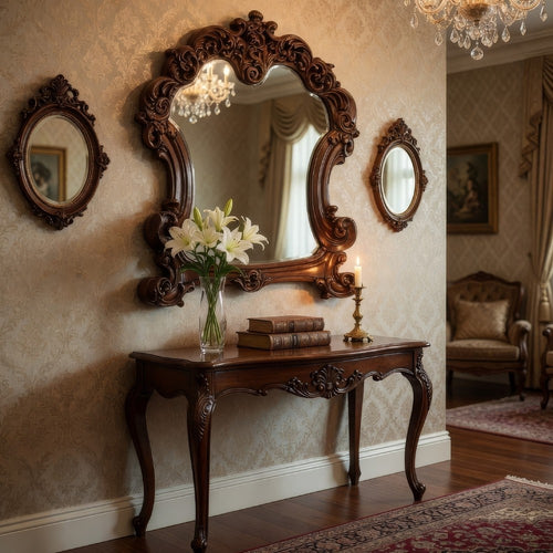 45 Inch Wooden Mirror with Scrolled Details, Brown