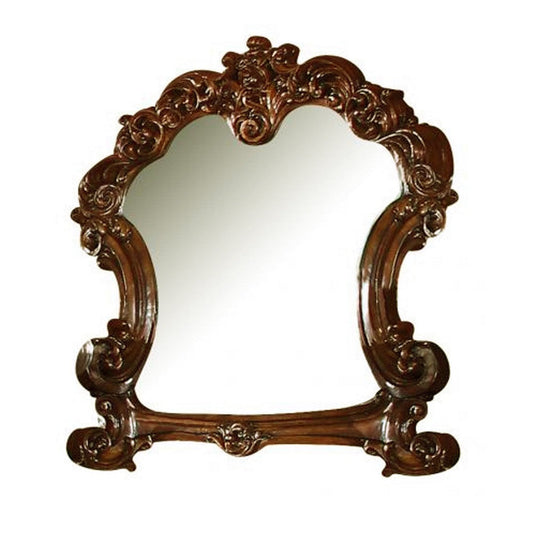45 Inch Wooden Mirror with Scrolled Details, Brown