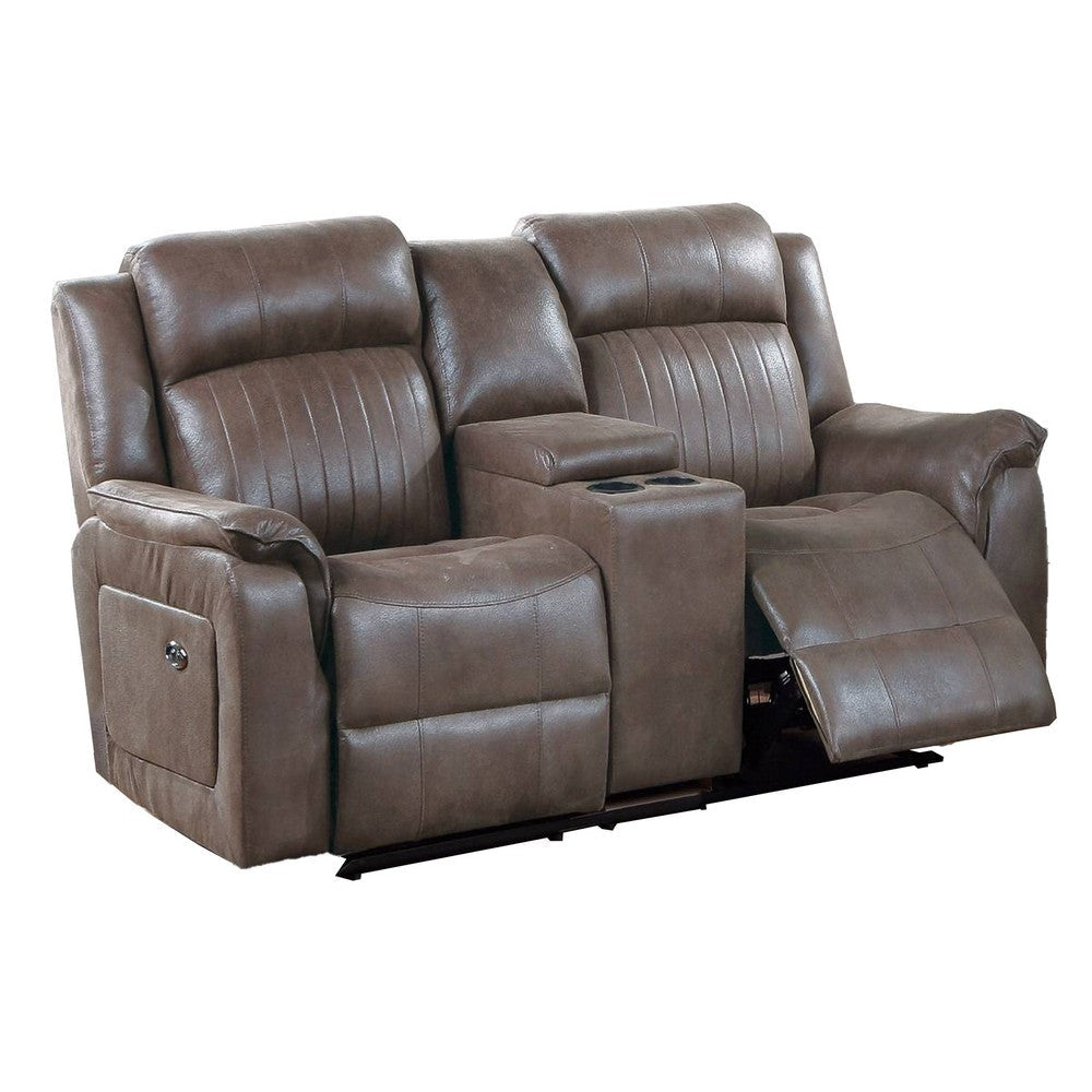 Fabric Manual Loveseat with 2 Cupholders and Console, Brown By Casagear Home