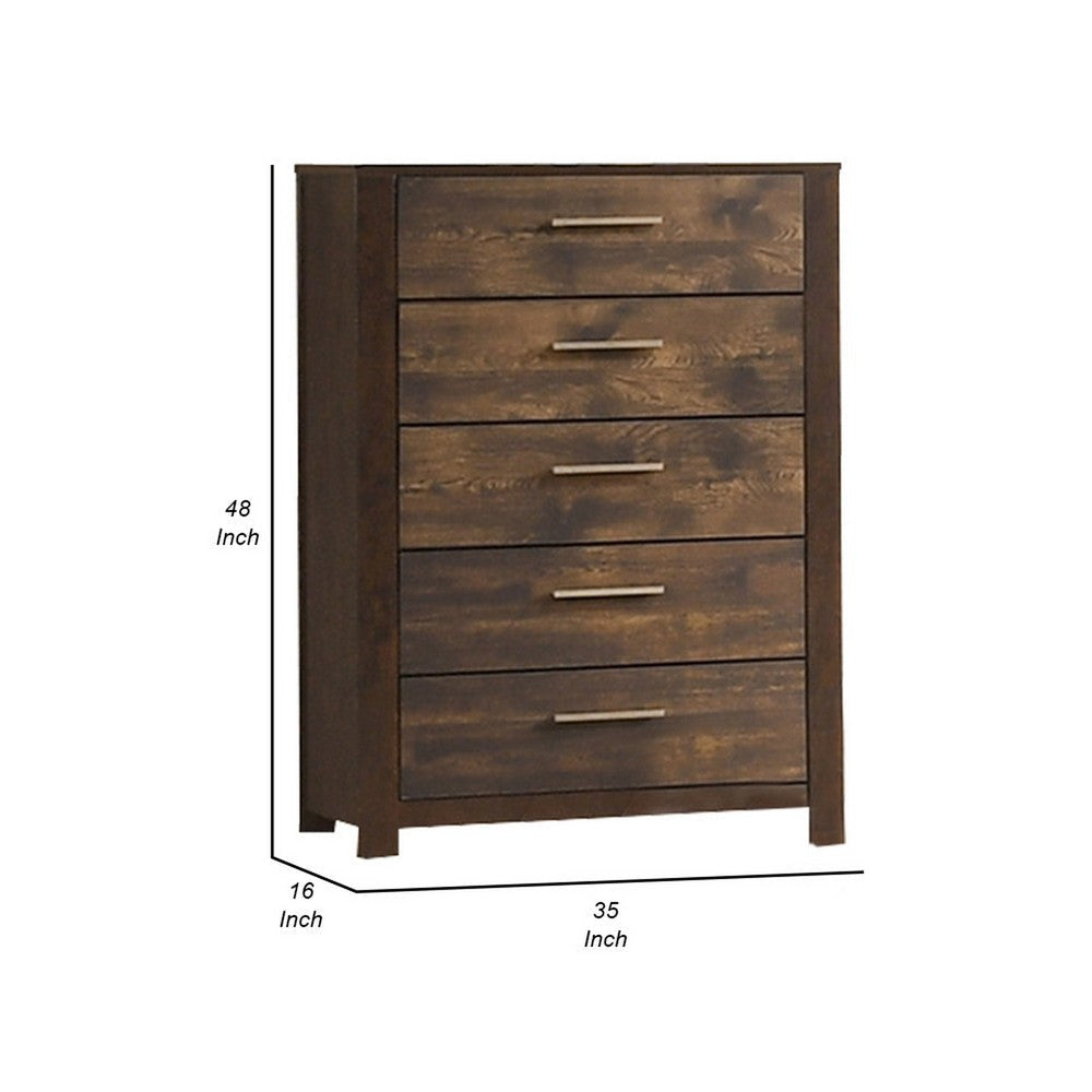 48 Inches 5 Drawer Wooden Chest with Grains Rustic Brown By Casagear Home BM232621