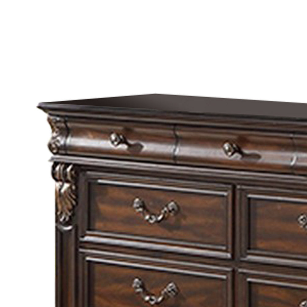 9 Drawer Wooden Dresser with Molded and Carved Details Brown By Casagear Home BM232650