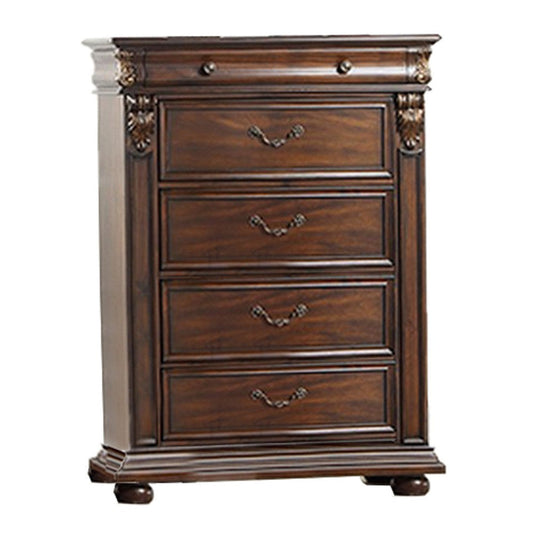 6 Drawer Wooden Chest with Molded and Carved Details, Brown