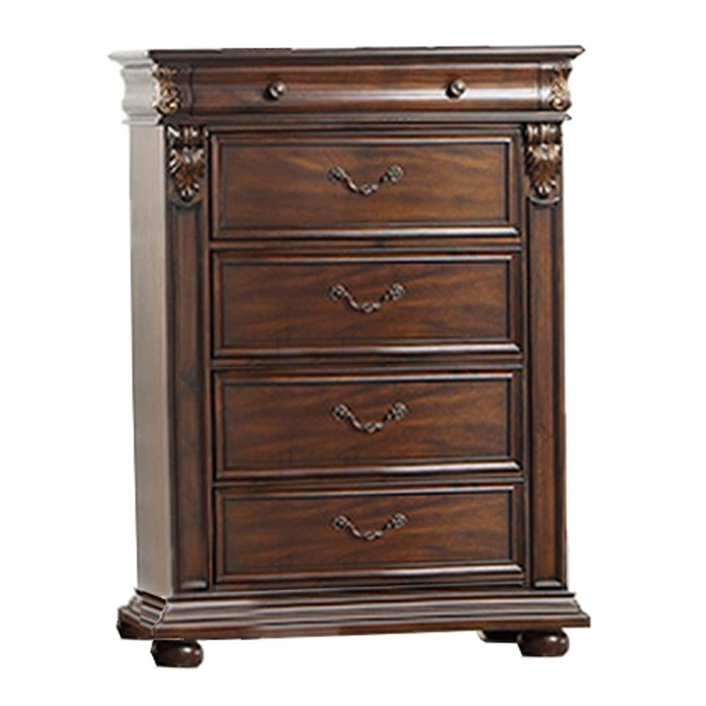 6 Drawer Wooden Chest with Molded and Carved Details, Brown