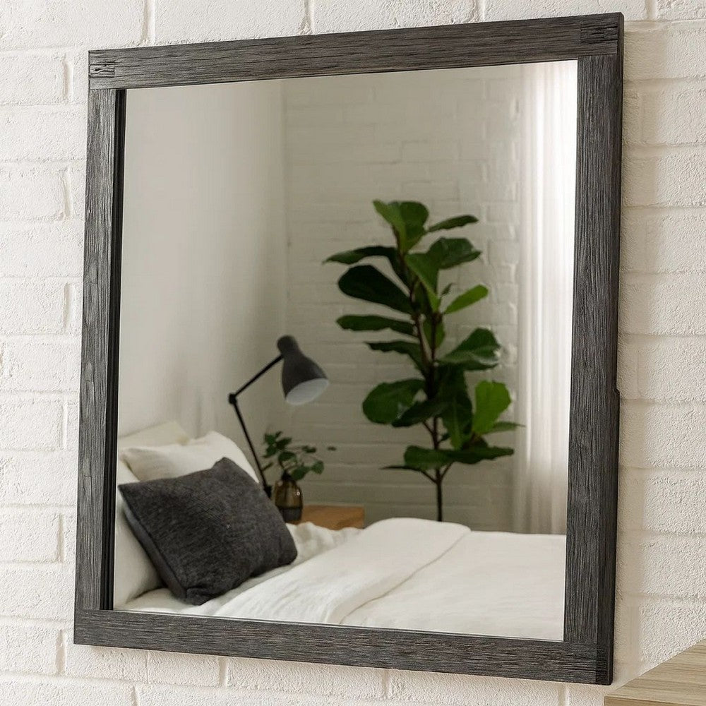 Wall Mirror with Rectangular Frame and Natural Wood Grain Details, Dark Brown
