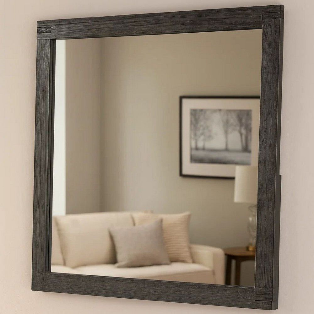 Wall Mirror with Rectangular Frame and Natural Wood Grain Details, Dark Brown