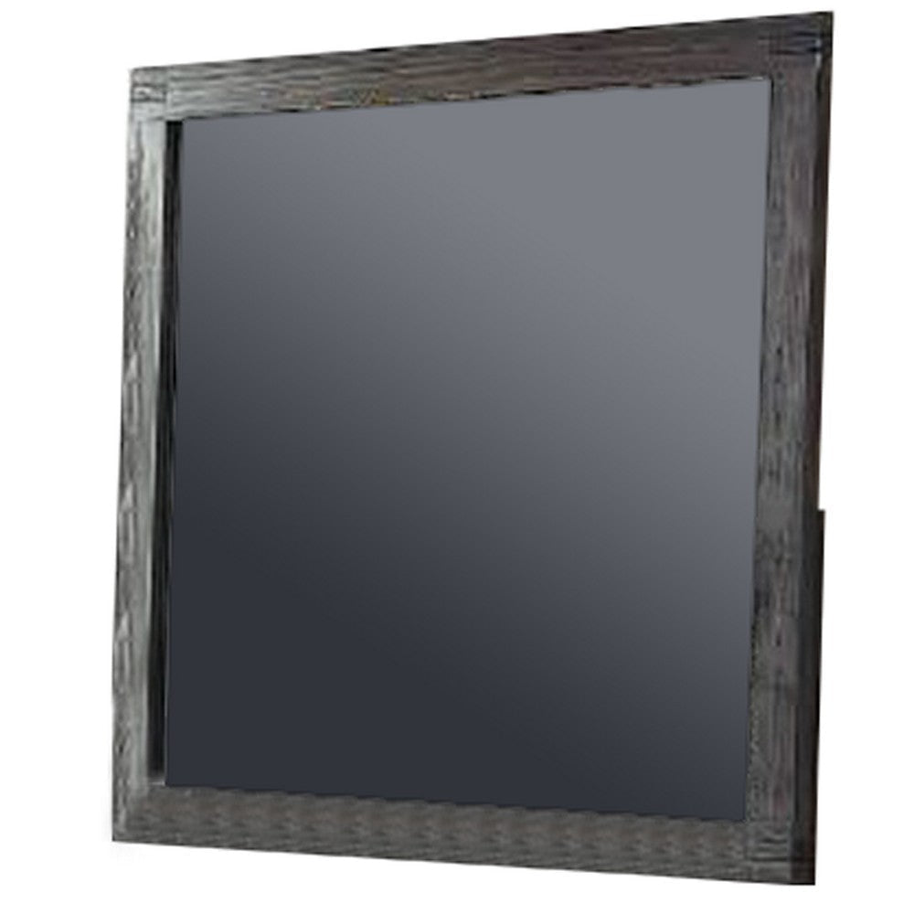 Wall Mirror with Rectangular Frame and Natural Wood Grain Details, Dark Brown
